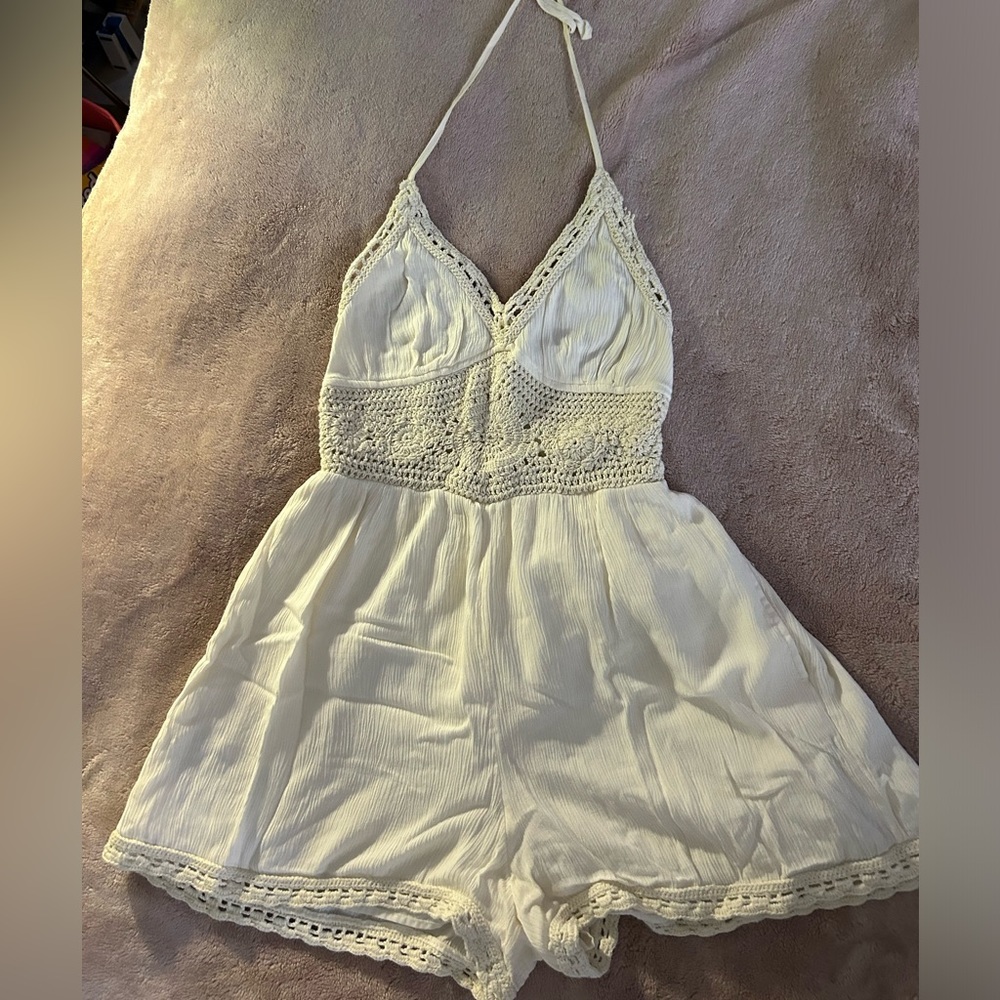 Cream embroidered halter romper